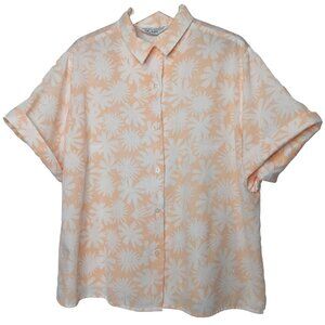 Vintage Blair XL Blouse Peach White Floral Butto Up Lightweight Collar Short Slv